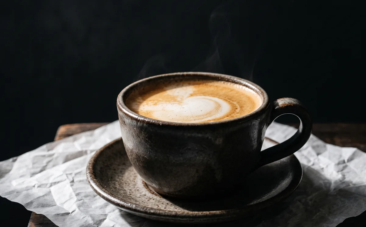 Café con leche humeante en taza de cerámica sobre papel manteca: el ejemplo de bebida costeado de punta a punta